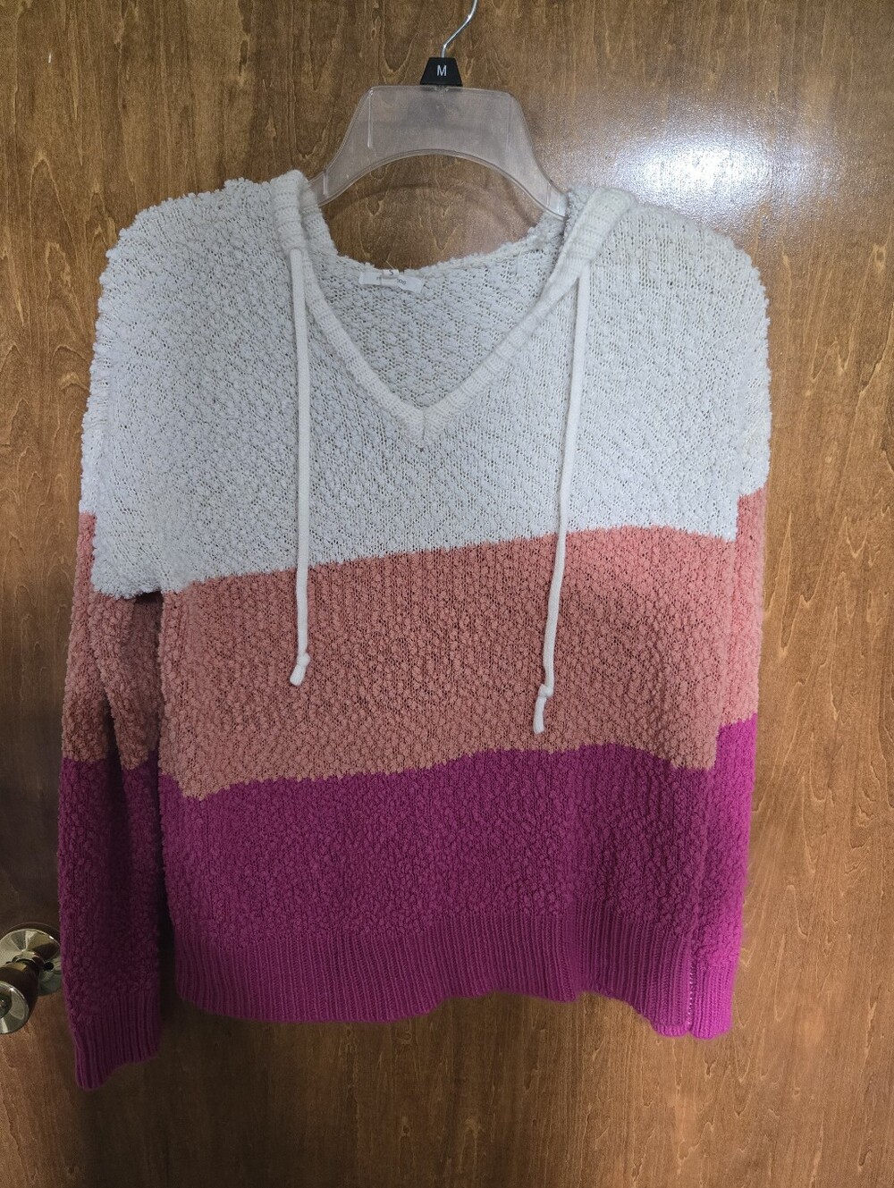 Maurices Tri-Color V-Neck Hoodie Sweater in Ivory, Peach & Magenta